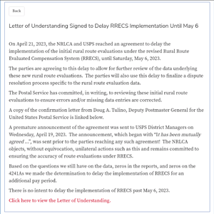 NRLCA Delay Announcement.png | Rural Mail Talk